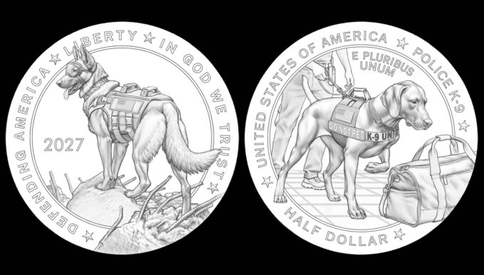 Line-art designs for the 2027 Working Dogs Commemorative half dollar honoring military and law enforcement K-9s