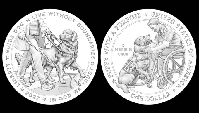 Line-art designs for the 2027 Working Dogs Commemorative silver dollar honoring guide and service dogs