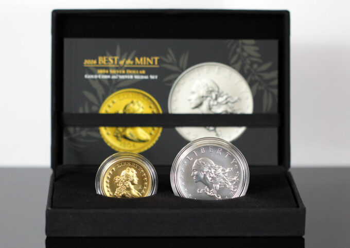 Best of the Mint 1804 Set in U.S. Mint Display Case | CoinNews U.S. Mint display case holding the Best of the Mint 1804 Silver Dollar Gold Coin and Silver Medal Set and booklet.