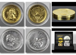 Photos Show U.S. Mint’s 1804 Dollar Gold Coin & Silver Medal Set CoinNews collage of the Best of the Mint 1804 Silver Dollar gold coin and silver medal set, showing the gold coin, silver medal and packaging.