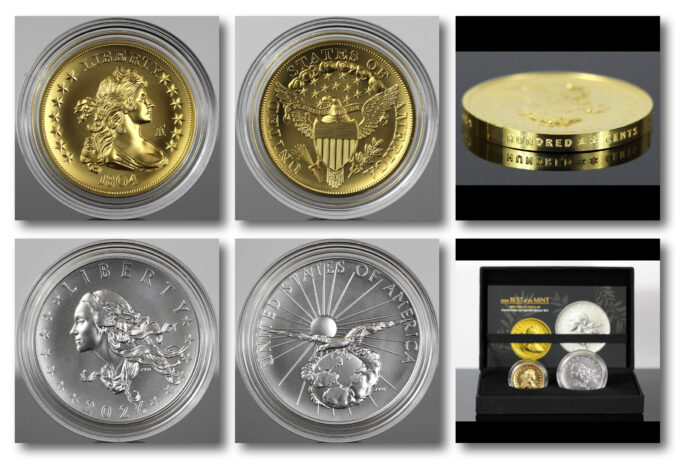 Best of the Mint 1804 Silver Dollar Gold Coin and Silver Medal Set | CoinNews CoinNews collage of the Best of the Mint 1804 Silver Dollar gold coin and silver medal set, showing the gold coin, silver medal and packaging.
