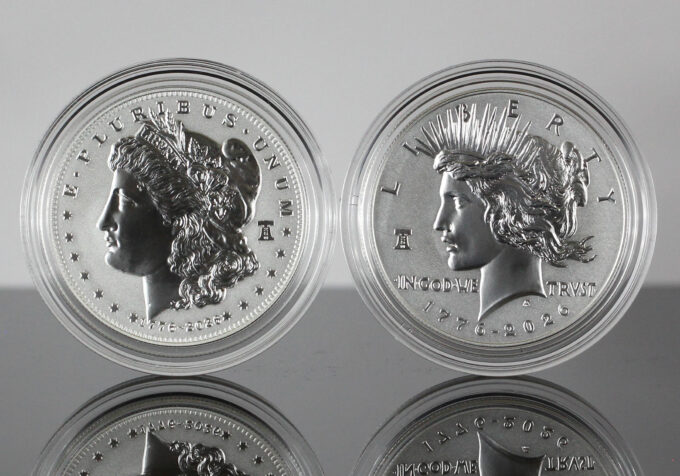 1776 ~ 2026 Enhanced Uncirculated Morgan and Peace Silver Dollars shown together