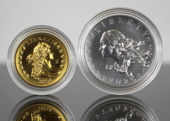 Best of the Mint 1804 Silver Dollar gold coin paired with its companion silver medal