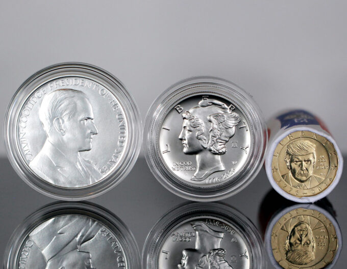 Calvin Coolidge Presidential Silver Medal, 1776 ~ 2026 Palladium Eagle and roll of 1776 ~ 2026 Trump dollars