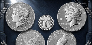 U.S. Mint Reveals 1776-2026 Diamond Field Morgan & Peace Silver Dollars CoinNews composite of 1776 ~ 2026 Diamond Field Morgan and Peace Silver Dollars with Liberty Bell 250 privy mark inset