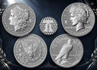 U.S. Mint Reveals 1776-2026 Diamond Field Morgan & Peace Silver Dollars CoinNews composite of 1776 ~ 2026 Diamond Field Morgan and Peace Silver Dollars with Liberty Bell 250 privy mark inset