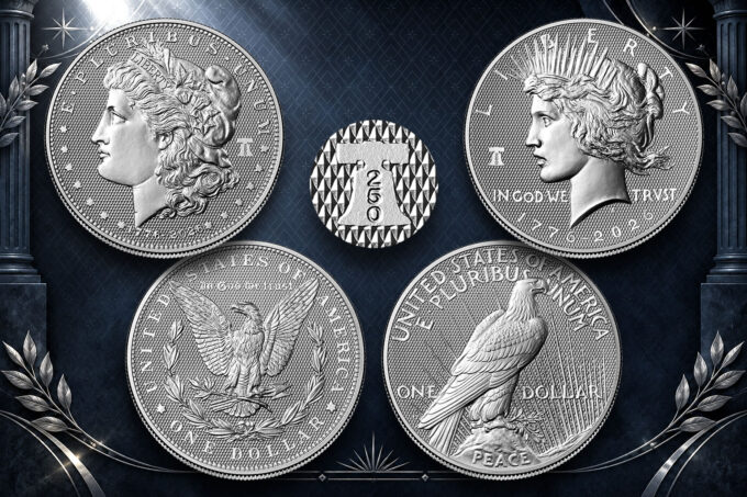 CoinNews composite of 1776 ~ 2026 Diamond Field Morgan and Peace Silver Dollars with Liberty Bell 250 privy mark inset