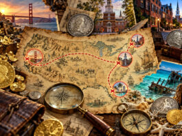 Coin Treasure Hunts Coming to Four U.S. Cities in October CoinNews illustration of a four-city numismatic treasure hunt with coins, a U.S. map and city landmarks