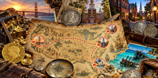 Coin Treasure Hunts Coming to Four U.S. Cities in October CoinNews illustration of a four-city numismatic treasure hunt with coins, a U.S. map and city landmarks