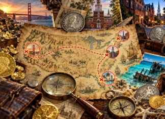 Coin Treasure Hunts Coming to Four U.S. Cities in October CoinNews illustration of a four-city numismatic treasure hunt with coins, a U.S. map and city landmarks