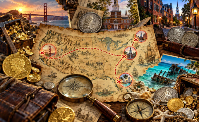 CoinNews illustration of a four-city numismatic treasure hunt with coins, a U.S. map and city landmarks