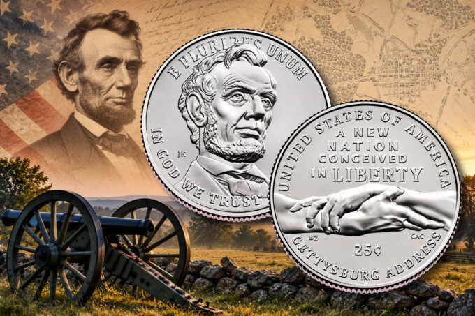 1776 ~ 2026 Gettysburg Address quarter imagery highlighting the U.S. Mint's Oct. 21 launch ceremony and public coin exchange at Gettysburg National Military Park