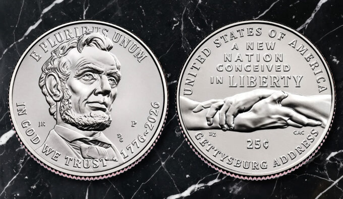 Obverse and reverse of the 1776-2026 Gettysburg Address quarter featuring Abraham Lincoln and two clasped hands