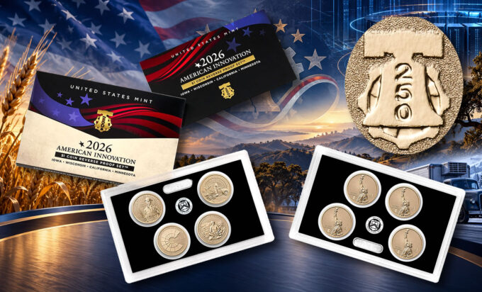 Artwork highlighting the 2026 American Innovation $1 Coin Reverse Proof Set and America's 250th anniversary