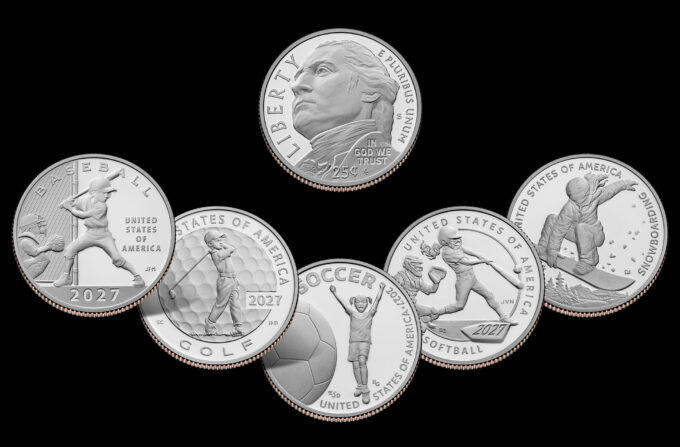 2027 Youth Sports Quarters – Obverse and Reverses | CoinNews U.S. Mint images of the 2027 Youth Sports quarters showing the George Washington obverse and five reverses honoring baseball, golf, soccer, softball and snowboarding