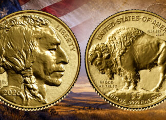 US Mint Reveals 2026 1/10-Ounce Gold Buffalo With 20th Anniversary Mark Obverse and reverse of the 20th Anniversary 2026-W $5 Reverse Proof American Gold Buffalo coin