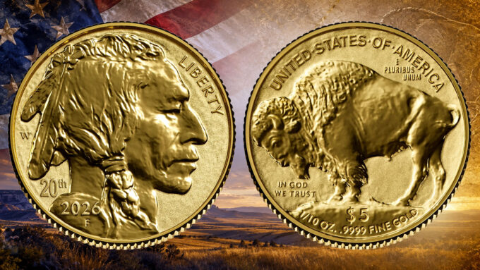 Obverse and reverse of the 20th Anniversary 2026-W Reverse Proof American Gold Buffalo coin
