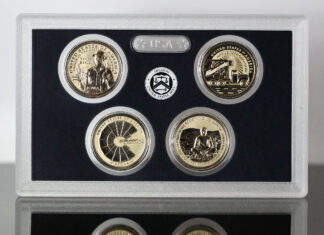 US Mint Sales: 2026 Innovation Reverse Proof Set Breaks Record CoinNews photo of the 2026 American Innovation $1 Coin Reverse Proof Set featuring dollars honoring Iowa, Wisconsin, California and Minnesota